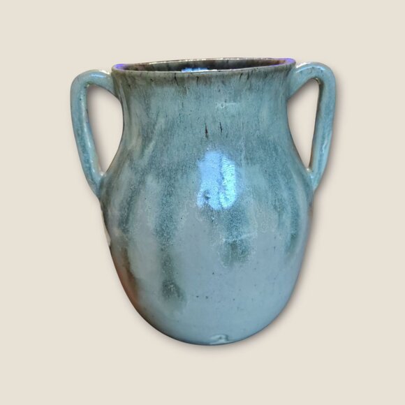 Handcrafted Two-Handled Pottery Vase 7.5"H X 8" Glazed Finish Unique Art Decor - Picture 2 of 9